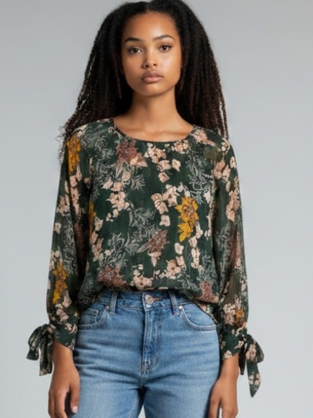 Boho Floral Sheer Chiffon Blouse | Tie Sleeve Top M